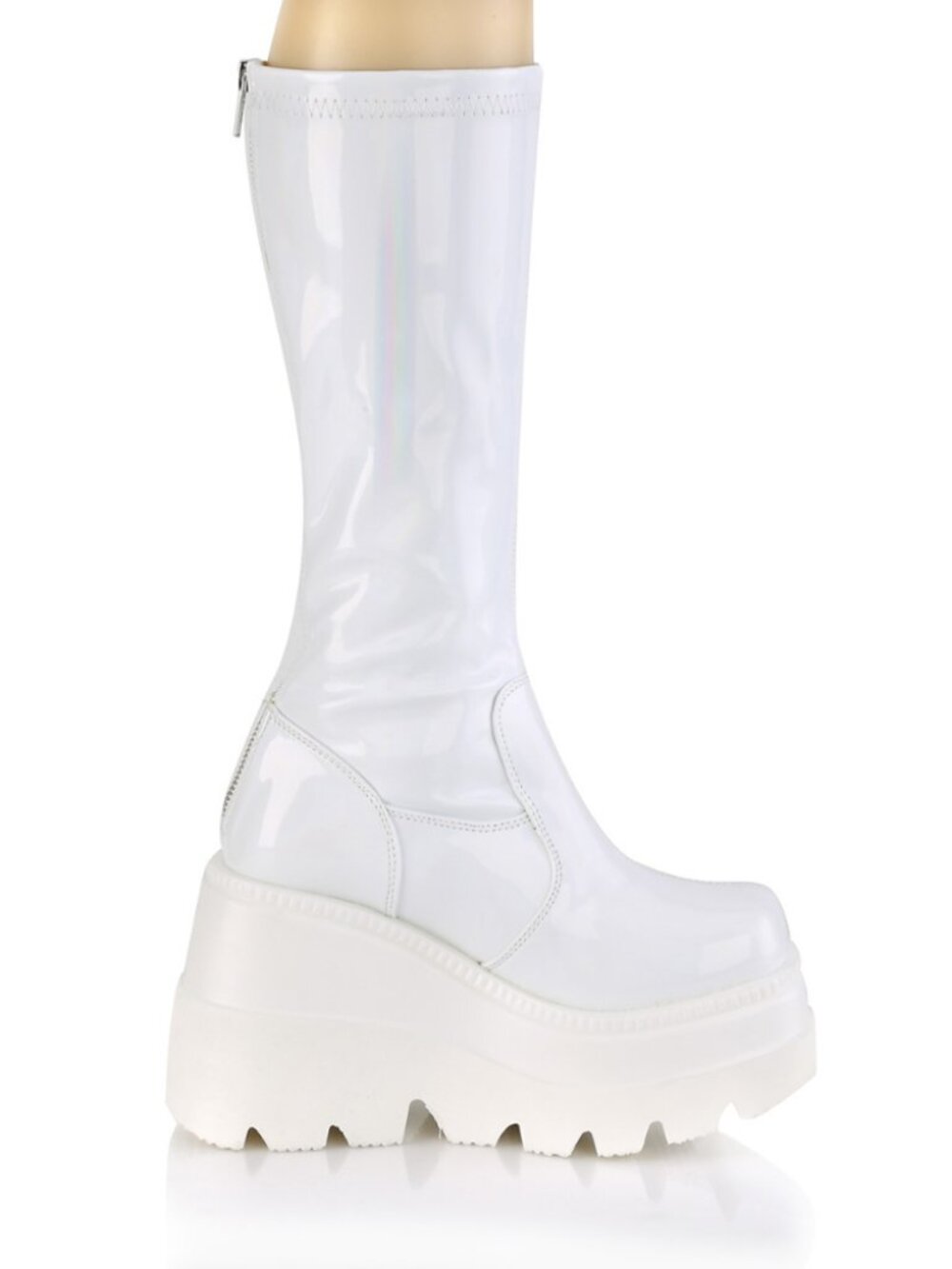 White Hologram Wedge Platform Stretch Knee High Boots